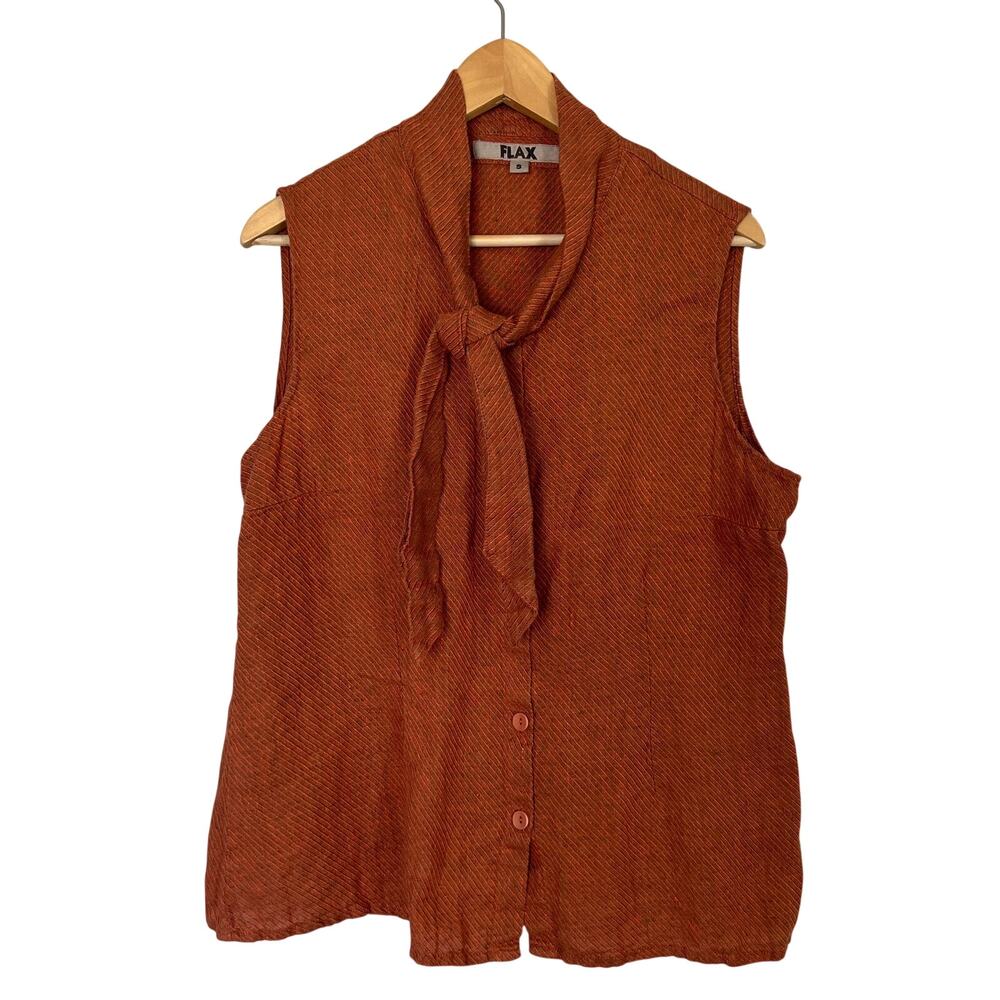 Flax Tie Bow Top Blouse Women's Size S Orange Sleeveless Linen Button Front Boho